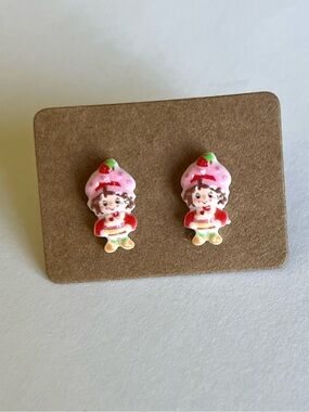 2/$15- Strawberry Shortcake Stud Earrings - Pink and Red Handmade
